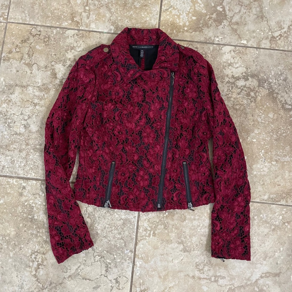 White House Black Market Burgundy Floral Lace Velvet Moto Jacket XS Red Wine